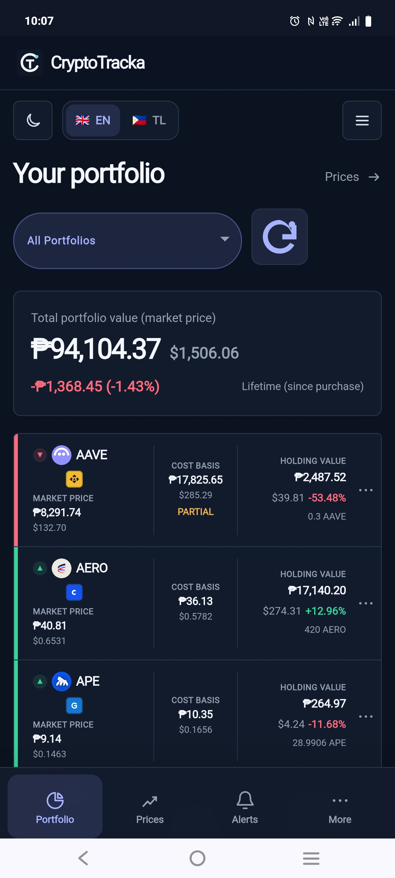 CryptoTracka portfolio value and holdings