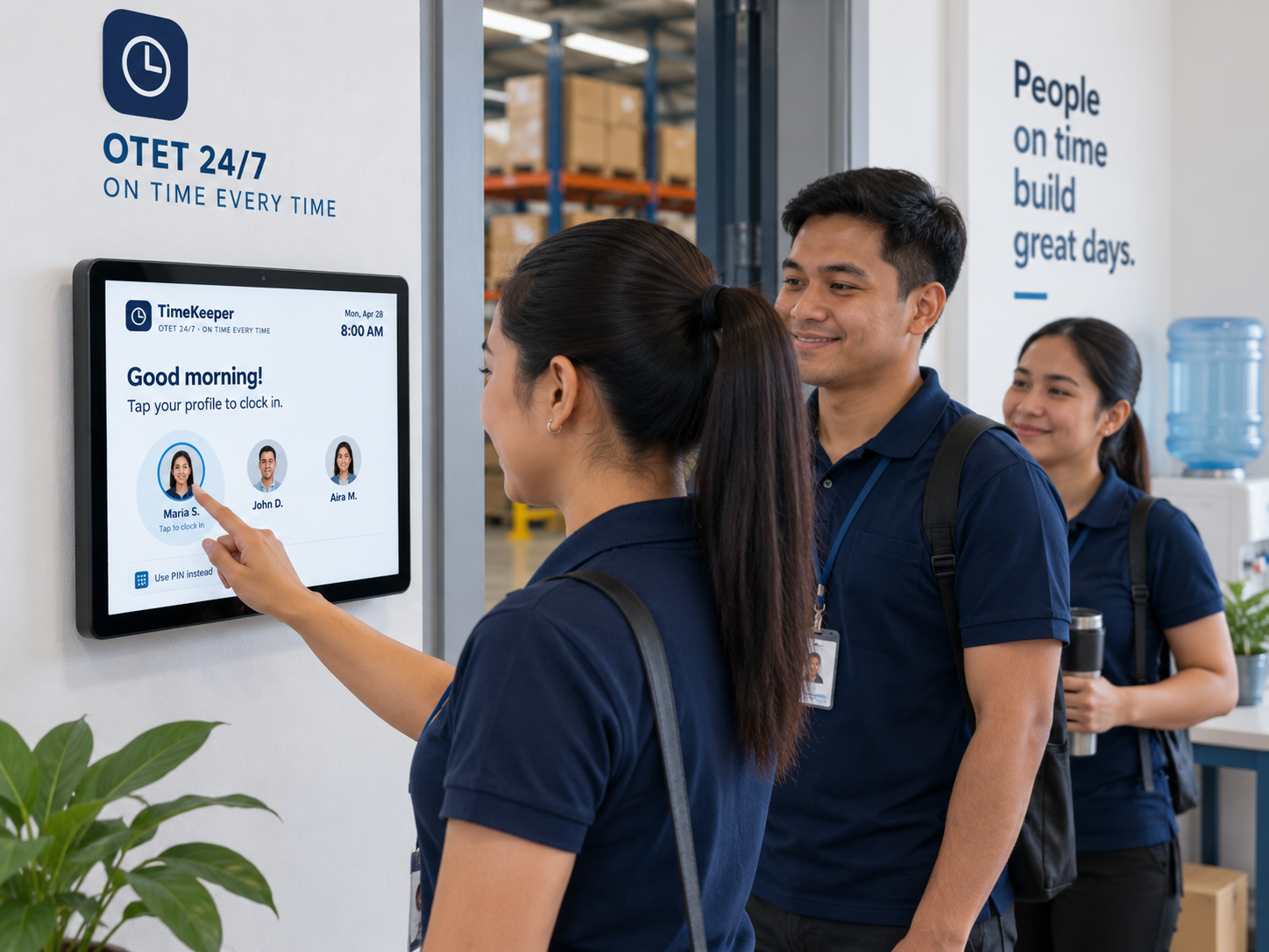 Staff clocking in on a TimeKeeper workplace tablet